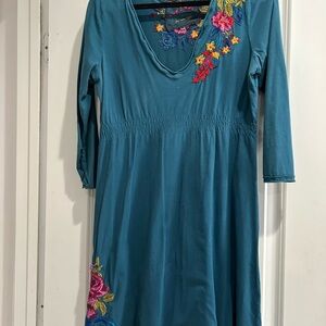 Johnny Was Teal Dress with Floral Embroidery